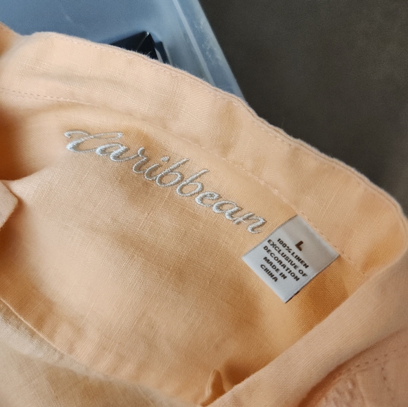 Carribean Mens Apricot Peach Nehru Collar 100% Linen Shirt  Size Large - Picture 8 of 9